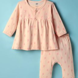 Zero Sinker Knit Full Sleeves Front Open Leaves Printed Co-Ords Night Suit - Peach-picture-3