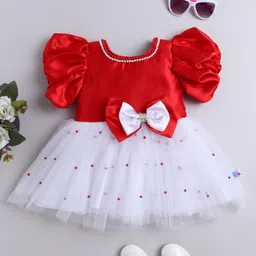 Many frocks & Satin Woven Balloon Sleeves Bow And Pearl Embellished Dress - Red & White-picture-6