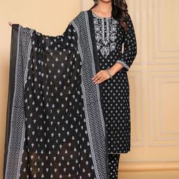 YUSRA Ethnic Motifs Printed Mirror Work Straight Kurta With Trouser & Dupatta-picture-11