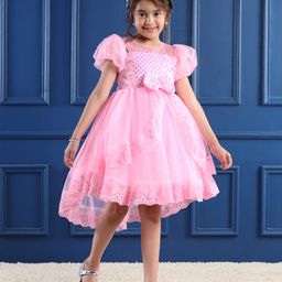 Mark & Mia Half Puffed Sleeves Sequined High & Low Party Frock with Sequin & Bow Detailing - Pink image 2