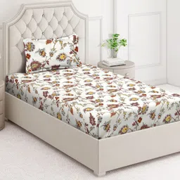 Arrabi White & Brown Floral 350 TC Single Bedsheet with 1 Pillow Covers-image-54