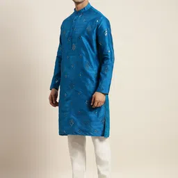 SOJANYA Men Blue Mirror Work Kurta with Pyjamas & Nehru Jacket image 4