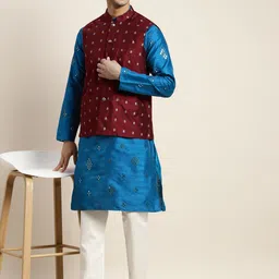 SOJANYA Men Blue Mirror Work Kurta with Pyjamas & Nehru Jacket image 3