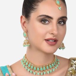 Zaveri Pearls Green Stones & Beads Kundan Choker Necklace Earring Maangtikka & Ring Set-ZPFK14386-image-84