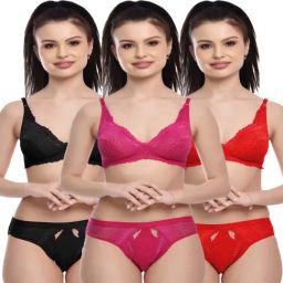 FIMS Pink & Red Lace Work Bra Panty Sets - Pack Of 3-image-94