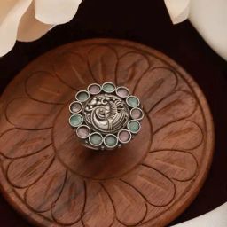 Aatmana Silver-Plated Pink & Green Oxidized Peacock Finger Cocktail Ring-7