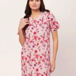 Moomaya Pink Cotton Floral Print Night Dress-image-8