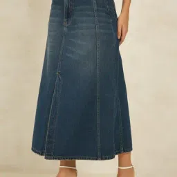 VIRGIO Dark Blue Regular Fit Solid Skirt-picture-40