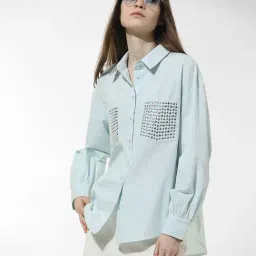 Only Blue Cotton Embellished Shirt-image-27