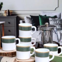 Cello White & Green Opalware Coffee Mugs (0.1 L) - Set of 12-43