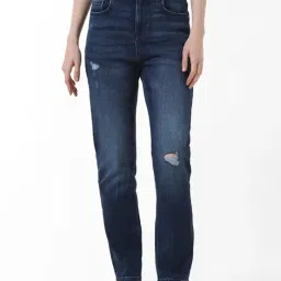 Only Dark Blue Cotton Distressed Straight Fit Mid Rise Jeans-picture-38