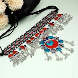 Moedbuille Handcrafted Meenakari Work Afghan Floral Design Oxidised Silver Plated Tasselled Choker-44