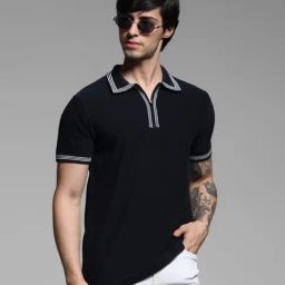 Jack & Jones Blue Cotton Slim fit Solid Polo T-Shirts-image-7