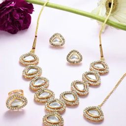 Zaveri Pearls Gold Tone Austrian Diamonds & Stones Necklace Earring Maangtikka & Ring Set-ZPFK16499-32