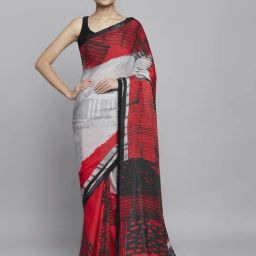 Navyasa by liva Red & Grey Printed Saree With Unstitched Blouse-image-92
