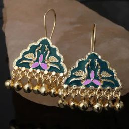Karatcart Gold-Plated Green Meena Peacock Design Drop Earrings for Women-20