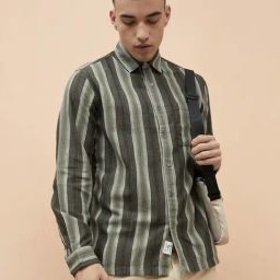 Forca By Lifestyle Olive Cotton Regular Fit Striped Shirt-image-7