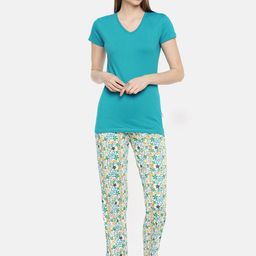 zebu Women Teal Blue & White Solid Night suit-image-74