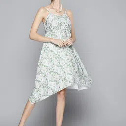 SASSAFRAS Women White & Green Floral Printed A-Line Midi Dress-52