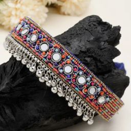 Moedbuille Handcrafted Mirrors & Beads Studded Afghan Contemporary Design Silver Plated Choker-22