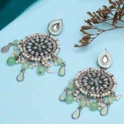 Karatcart Oxidized Silver Light Green Floral Kundan Dangler Earrings-image-21