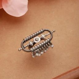 Aatmana Silver-Plated & Pearl Beaded Oxidized Finger Cocktail Ring-56