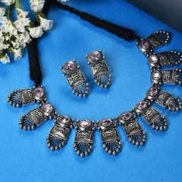 SOHI Silver Oxidised Statement Necklace & Earring Set-43