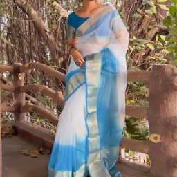 Satrani White & Blue Woven Saree With Unstitched Blouse-image-32