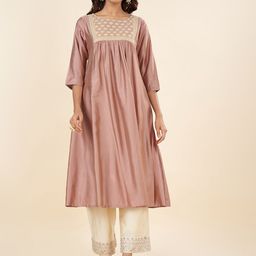 RANGMANCH BY PANTALOONS Ethnic Motifs Embroidered Round Neck Mirror Work Kurta-image-34