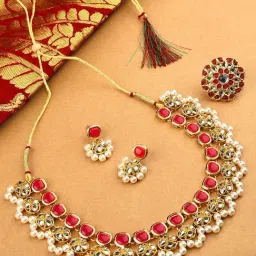 Zaveri Pearls Pink Kundan Traditional Necklace Earring & Ring Set-ZPFK10776-image-61