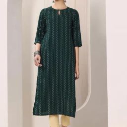 Libas Green Striped Woven Design Straight Kurta with Pocket-image-71