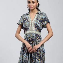 Label Ritu Kumar Navy Printed A Line Dress-image-33