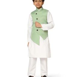 TAHVO Kids Green & White Slim Fit Kurta Set-picture-26