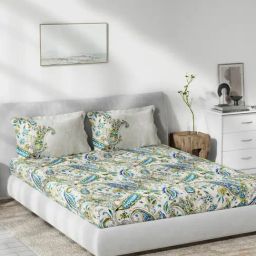 DDecor Ethnic Turquoise 136 TC Cotton Queen Bedsheet with 2 Pillow Covers-image-84