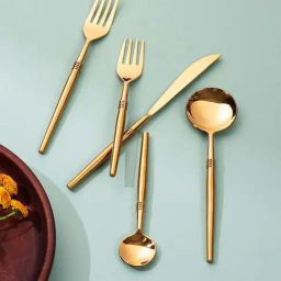Nestroots Gold Stainless Steel Ringed Elegance Cutlery With Stylish Handles - Set of 5-21