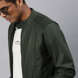 WROGN Men Olive Green Solid Biker Jacket-image-40