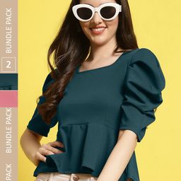 Fabflee Pack Of 2 Square Neck Puff Sleeves Peplum Top-image-85