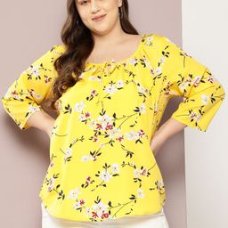 Qurvii+ Plus Size Floral Print Tie-Up Neck Crepe Longline Top-86