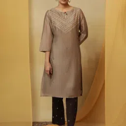 Folksong by W Beige Embellished Straight Kurta-picture-33