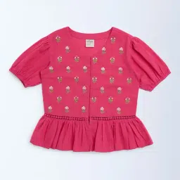Utsa Kids by Westside Fuchsia Embroidered Cotton-Blend Ethnic Top-picture-2