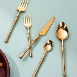 Nestroots Gold Stainless Steel Graceful Contours Cutlery With Curvy Handles - Set of 5-12