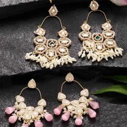 Zaveri Pearls Statement Pink & Green Alloy Earrings-12