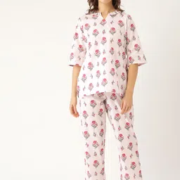 Rapra The Label Women Pink & Green Printed Pure Cotton Night Suit With Eye Mask-image-75