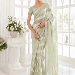 Soch Green Striped Saree With Unstitched Blouse-picture-1