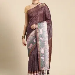 Silk Land Wine Silk Printed Saree With Blouse-picture-3