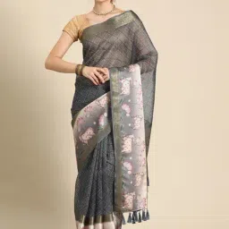 Silk Land Grey Silk Printed Saree With Blouse-picture-4