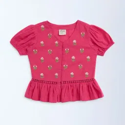 Utsa Kids by Westside Fuchsia Embroidered Cotton-Blend Ethnic Top-picture-1