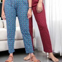 Kryptic Maroon & Light Blue Cotton Relaxed Fit Printed Lounge Pants - Pack of 2-image-56