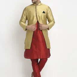 Benstoke Men Gold-Coloured & Maroon Woven-Design Sherwani Set-image-94