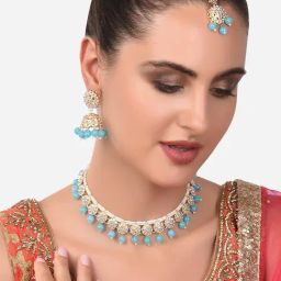 Zaveri Pearls Turquoise Blue Kundan Pearls Choker Necklace Earring Maangtikka Ring Set-ZPFK14411-image-25